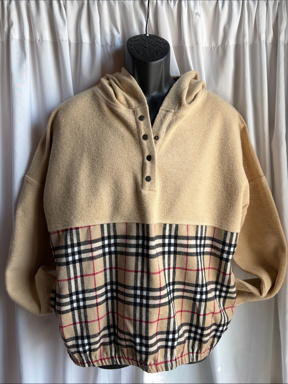 Mazik Men Beige Hooded Pullover with Plaid Panel